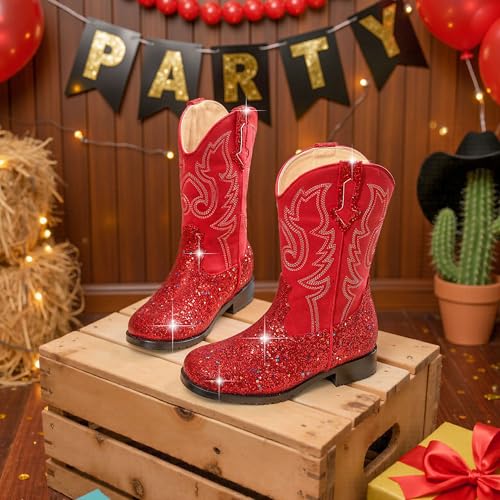 Image of Motasha Girls Cowgirl Boots Unisex-Child Mid Calf Glitter Toddler Cowboy Boot Little Big Kids Western Riding Shoes