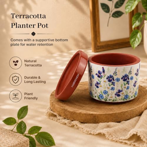 Image of Habere India-All the Cultures Fabricating India Floral Print Terracotta Planter with Under Plate | Indoor Plant Pot with Drainage | Decorative Planter for Home (Floral: L11 x W11 x H10 cm)