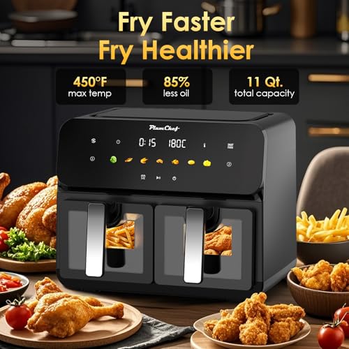 Image of 10QT Dual Air Fryer, Double Basket Air Fryer with 2x5QT Baskets, Digital Touchscreen Control, Easy-View Window, SyncCook Function, Cook 2 Dishes at Once for Family of 4-6, 1700W,Black