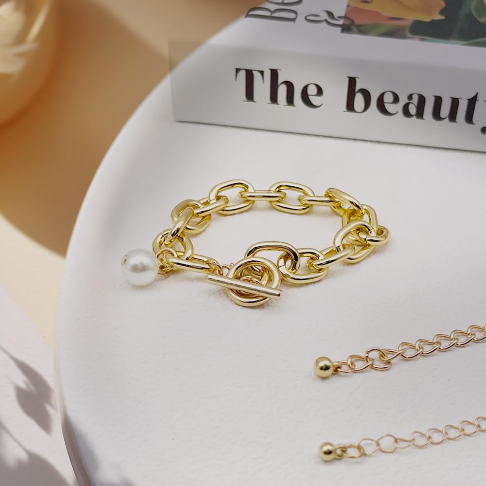 Gold Chunky Chain Bracelet for Women Charm Boho Bracelet for Women Flat Cable Chunky Chain Bangle Set of 4 - Image 7