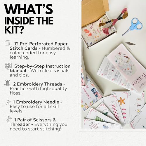 Image of Perforated Embroidery Stitch Cards Starter DIY Kit, Beginner Colored Patterns, Premium Cardstock Cards, Complete Toolkit, Tools, Illustrated Step by Step Instructions Handmade Kit Gift for Her (Pink)