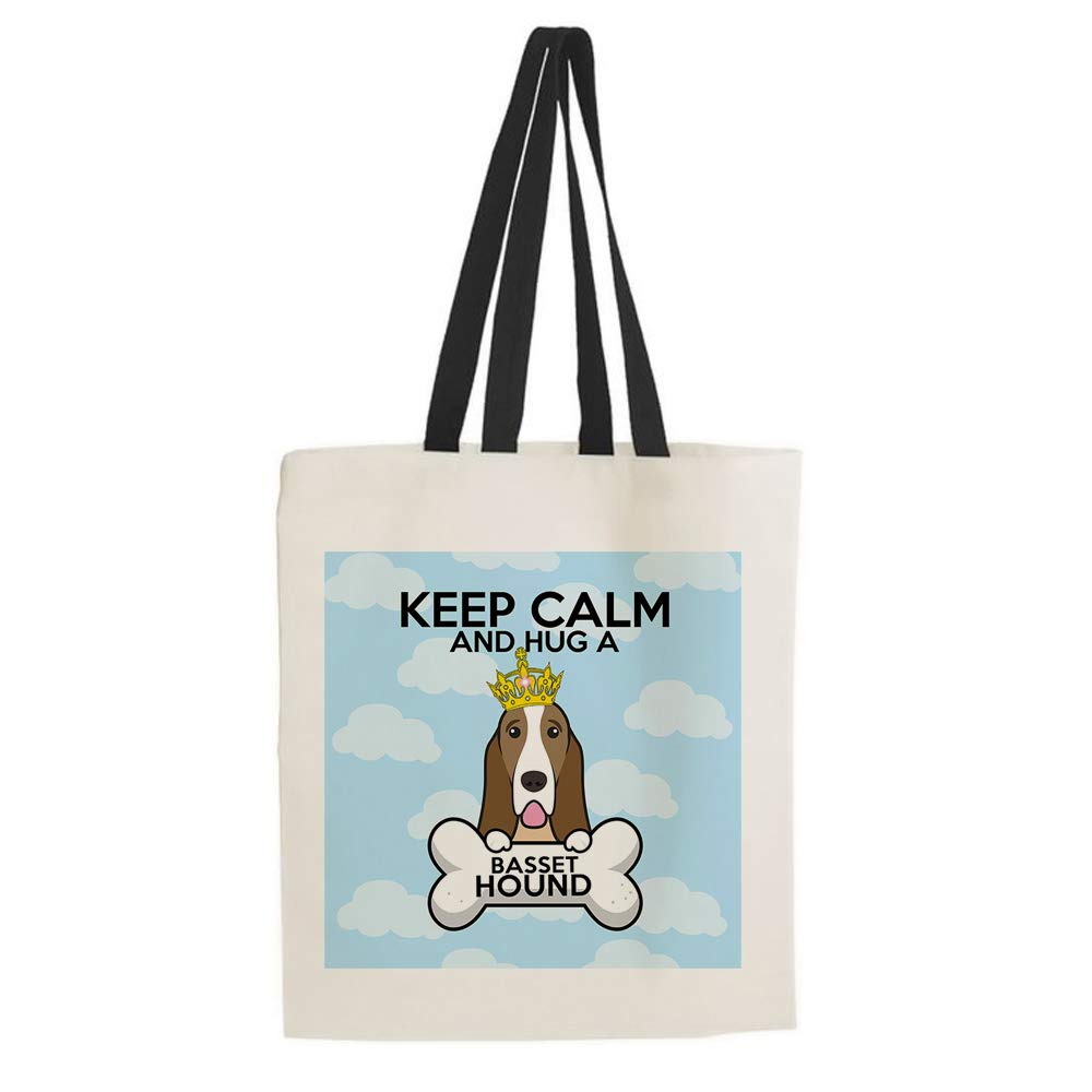 Keep Calm And Hug a Basset Hound Dog/Pet Themed Tote Bag-Cotton Shopping Bag. Gift For Christmas, Birthday Present, Gift Idea (Black Handle)