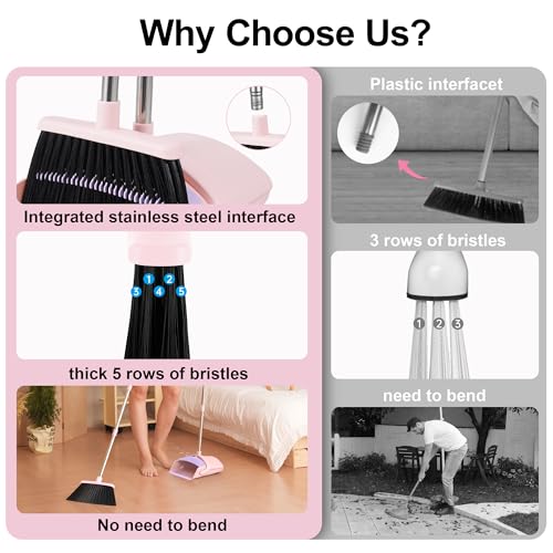 Image of BSKLIN Broom and Dustpan Set, 52 inch Long Adjustable Handle Broom with Dustpan Combo Set with Dust Pan Teeth to Clean Hair for Home Lobby Office Kitchen (Small-Pink-Purple)