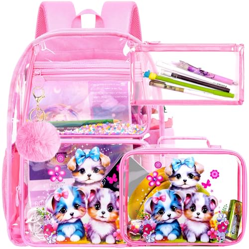 gxtvo Clear Backpack for Girls and Boys, Kids Transparent Bookbag, 3PCS Cute See Through School Bag for Elementary Prechool