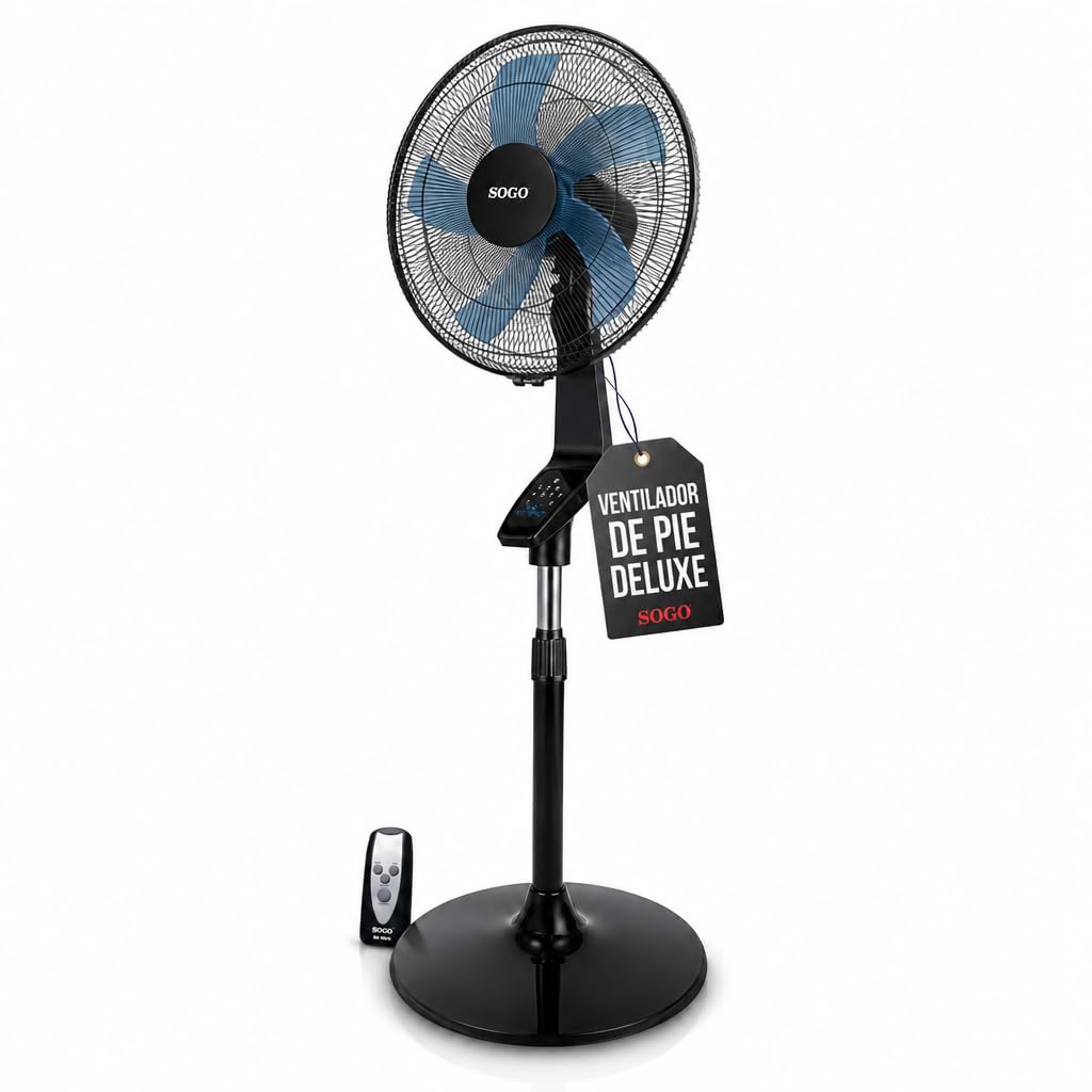 SOGO Ventilador de Pie Silencioso con Mando a Distancia y Temporizador 7,5H - Ventilador de Pie 40 cm Oscilante con 3 Velocidades - Altura Ajustable 120-145 cm y 5 Aspas 50W Negro (SS-21280)