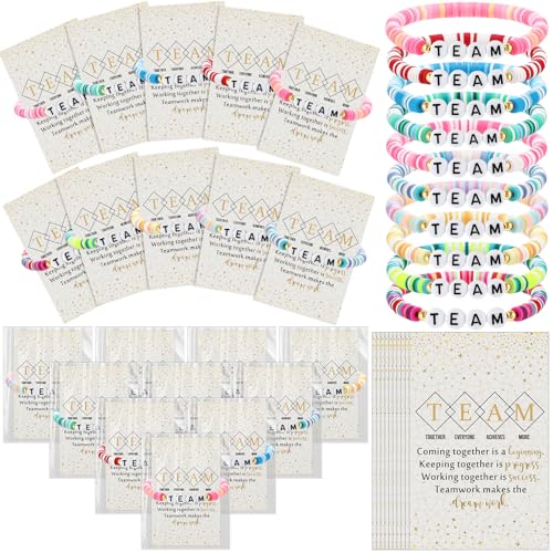 Landical 20 Set Cheer Gifts Bulk for Team Friendship Beaded Bracelets with Wish Card for Staff Employees Appreciation Gifts(Team)