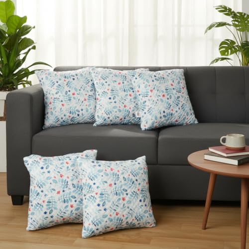 Image of STITCHNEST 'QuadraNest' Series Printed Quilted Velvet Cushion Cover 16x16 Inch Set of 5 | Premium Soft Fabric, Washable & Fade Resistant | Decorative Living Room Cushion Covers | Blue Floral