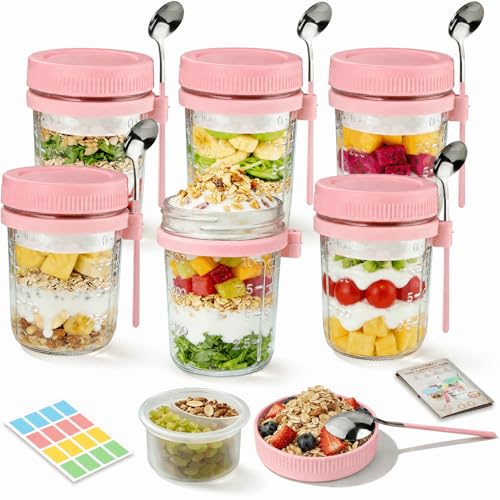 Image of 6 Pack Overnight Oats Containers with Lids and Spoon - 16 oz Glass Mason Jars with Separate Compartments Leakproof Chia Pudding Salad Yogurt Parfait Cups for Oatmeal Cereal Meal Prep (Pink)
