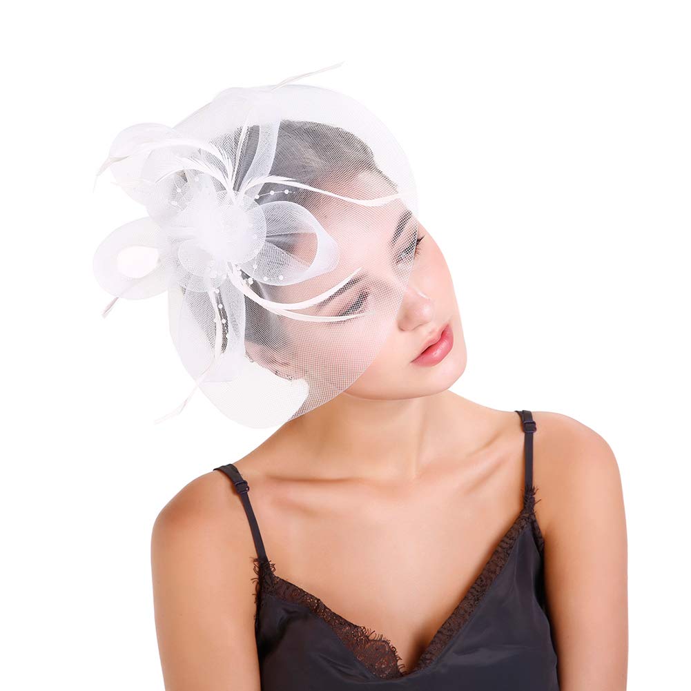 Fascinator Bianco Con Velo A Gabbia Per Uccelli, Piume E Fiori – Con Fascia E Clip, Perfetto Per Matrimoni, Tea Party E Cerimonie