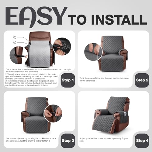 Image of KinCam 100% Waterproof Recliner Chair Cover, Reclining Couch Covers for Pets, Dogs, Recliner Couch Slipcover Furniture Protector with Elastic Straps for Kids (23.6 inch, Charcoal Gray)