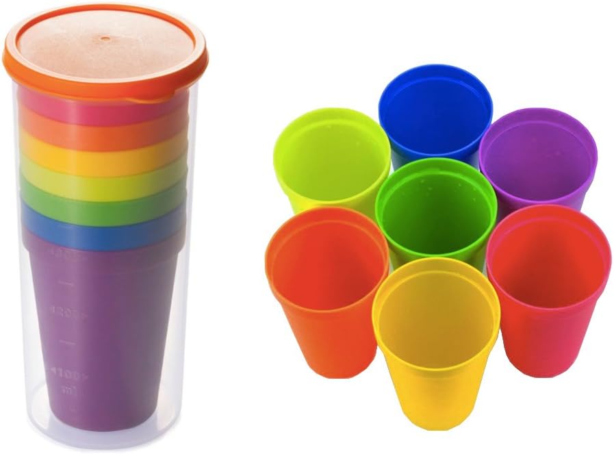 Colorful Plastic Cups Reusable Non-Disposable Portable Party Picnic Sharing Cup Beverage Kids Juice Tumbler 7 Cups with Container (1PACK)