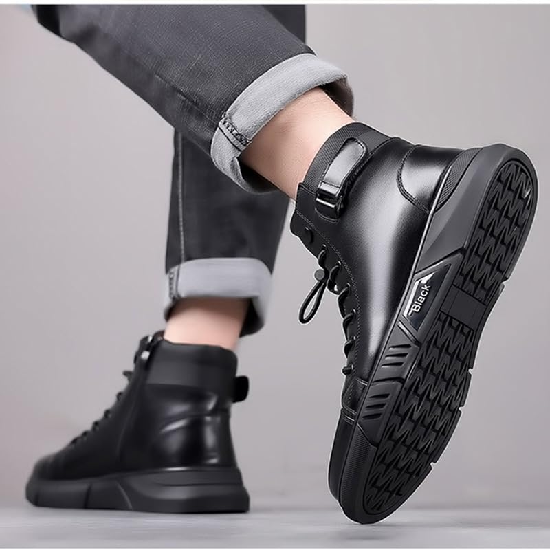 Men Casual Ltalian High-top Real Leather Boots Round Toe Side Zipper Fur Lined Warm Black Chukka Ankle Booties Shock-absorbing Softsole Business Shoe3