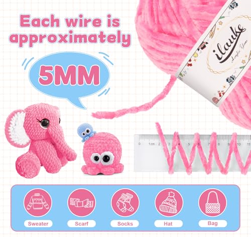 ilauke 6 x 50 g (6 x 70 m) Chenille Garn, Samt Chenille Wolle zum Häkeln und Stricken mit Nadeln mit Handtasche, Rosa Babywolle zum Stricken Weich für Kleidung, Decken, Schals, Kuscheltiere Amigurumi