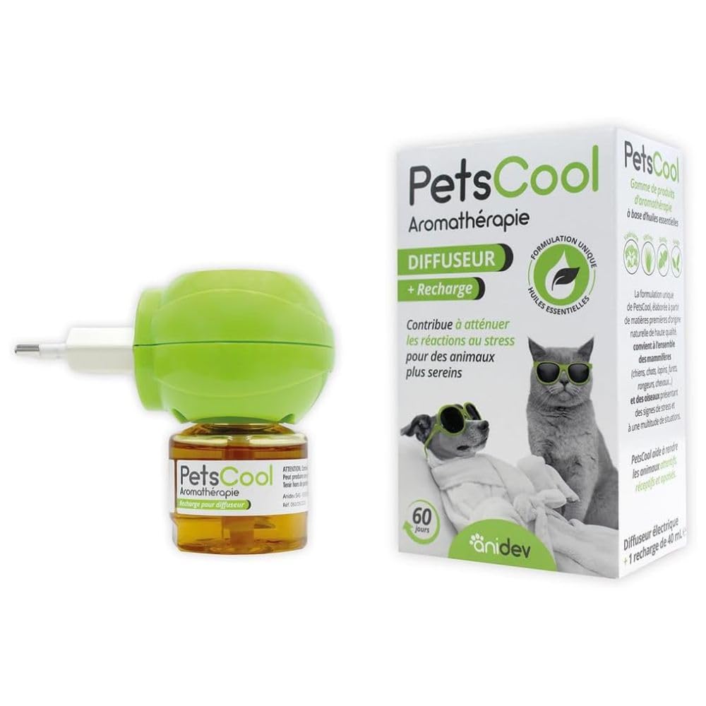 Anidev PetsCool Diffuseur apaisant Multi espèces + Recharge 40 ML Anti Stress Chien Chat NAC Huiles essentielles valériane vétiver Sauge Basilic Diffusion Continue 8 semaines