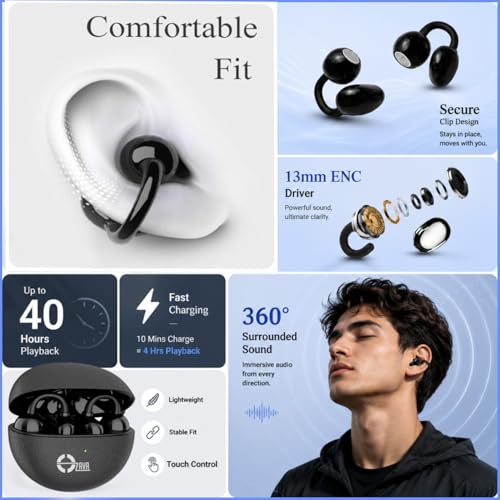 Image of Wireless OWS-X Open Ear Earbuds with Clip Design, Up-to 40H Playtime, ENC,13mm Driver, BTv5.4, Touch Control (Black)