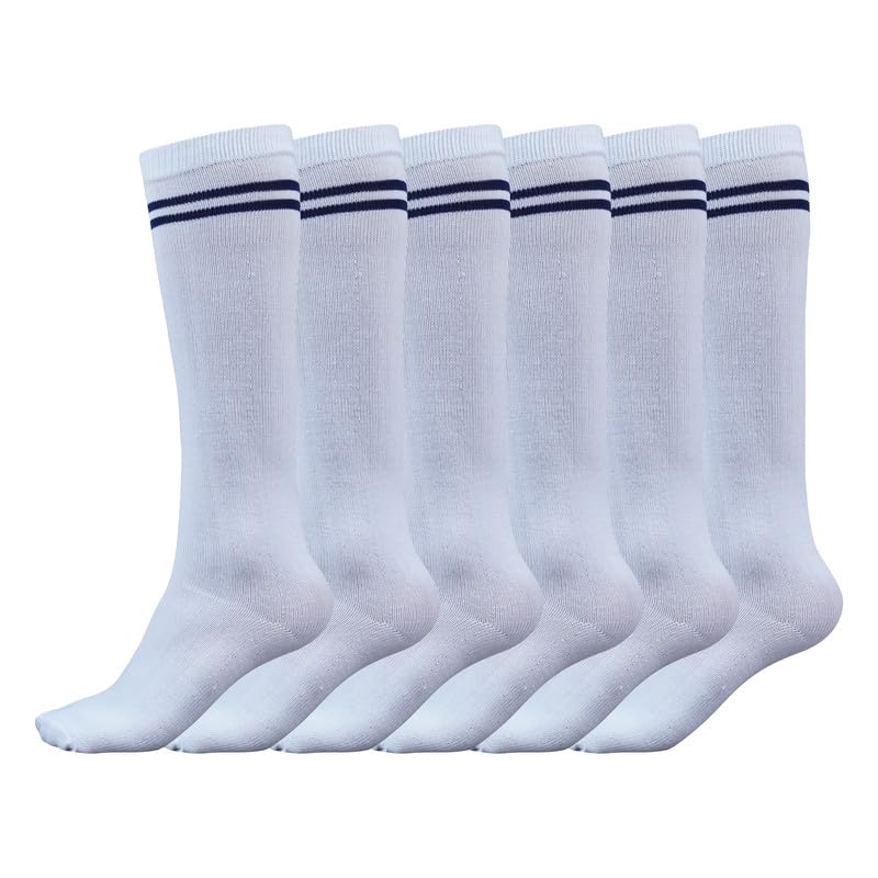 WKLOUYHE Kids school socks for boys and girls,Knee Long Length soft cotton uniform Stripes socks_Pack Of 06(StripNavy-White,7-8 Years)