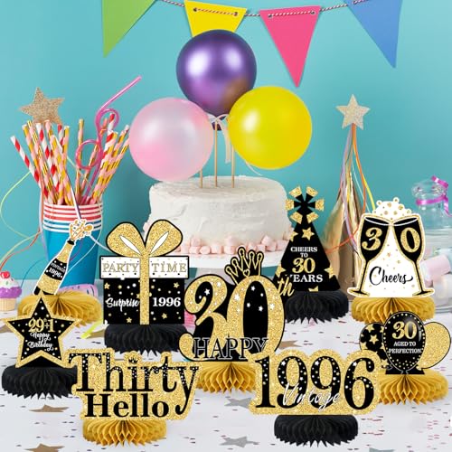 Image of 9 Pcs 30th Birthday Decorations Honeycomb Centerpieces for Women Men, Black Gold 1996 Aged to Perfection Vintage Centerpieces for Tables Toppers,Thirty Years Party Decorations Supplies