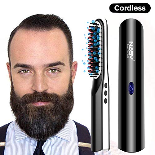 DOMAVER Beard Straightener Brush, Cordless Beard straightening Comb, Portable USB Rechargeable LCD Display Beard Brush Anti Scald Electric Heated Beard & Hair Ionic Straightener Brush for Men & Women