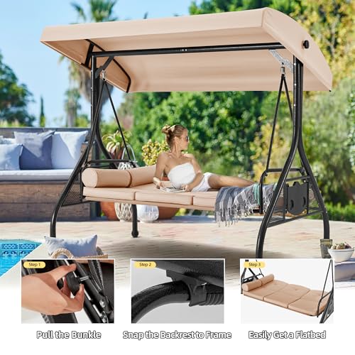 Image of HOMREST 3 Seat Outdoor Porch Swing with Adjustable Canopy, Convertible Patio Swing Bed with Stand, Patio Glider Swing with Upgraded Cup Holder, Thicken Cushions ＆ Pillow for Backyard(Khaki)