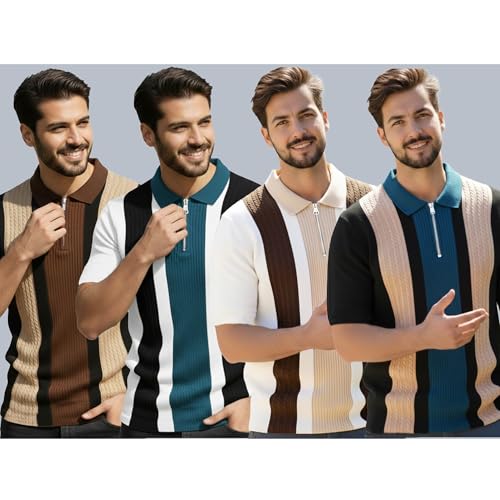 Image of AUSK Men's Textured Vertical Striped Knit Polo T-Shirt | Half Sleeve Zipper Neck Self-Design Casual Tee | Mens Tshirts