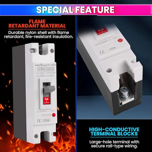 Image of amiciSmart Solar Molded Case DC Circuit Breaker MCCB 125A 1P | 250V /600V DC Overload & Short Circuit Protection Switch | High 50kA Icu Capacity for Photovoltaic PV & DC Power Systems
