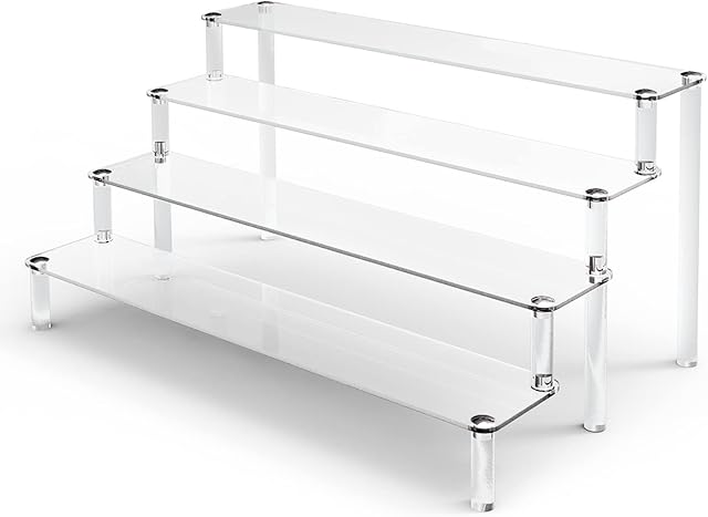 JOENCOST Acrylic Riser Shelf Display Stand, 4 Tier Clear Display Shelf Action Figures Holder, Collectibles Shelf for Toys Cupcakes Dessert Jewels Figurines