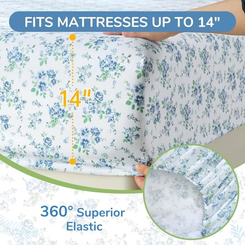 Image of MUXHOMO TwinXL Size 4 Piece Sheet Set, Soft Breathable Bed Sheet Set for Bedroom with Deep Pocket Up to 16 inch, Wrinkle-Free & Cooling Bedding for Oeko-TEX Certified - Blossoms Light Blue