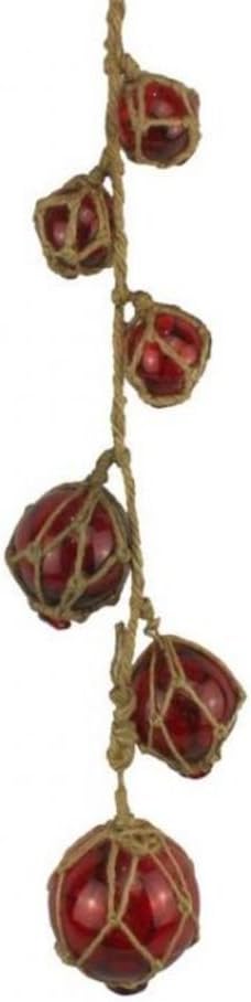 Hampton Nautical Red Japanese Glass Floats with Brown Netting, 24", Glass Fish Float, Beach Living Decor