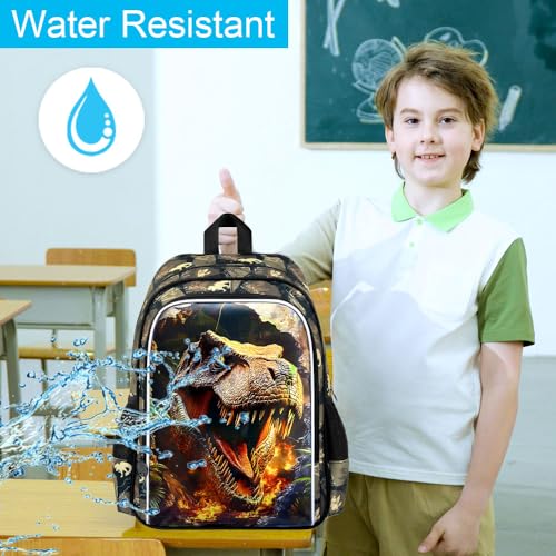 Image of 3Pcs Dinosaur Backpack for Boys, 16 inch Kids School Bookbag with Lunch Box, Dino Backpacks Set for Elementary Preschool Kindergarten(Brown)