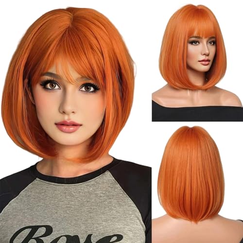 ZXTGBQ Perruque Bob avec Frange Orange Coloré Droit Bob Orange Perruque Synthétiques Lisses avec Frange Plate pour Halloween et Fêtes Costumées