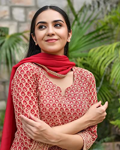 Image of GoSriKi Women's Cotton Blend Embroidered Straight Kurta with Pants & Dupatta (Dumas)