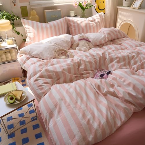 Image of EAVD Pink Striped Duvet Cover Twin XL Soft Washed Microfiber Pink White Vertical Striped Bedding Set with 2 Pillowcases Modern Farmhouse Geometric Pattern Duvet Cover with Zipper Closure