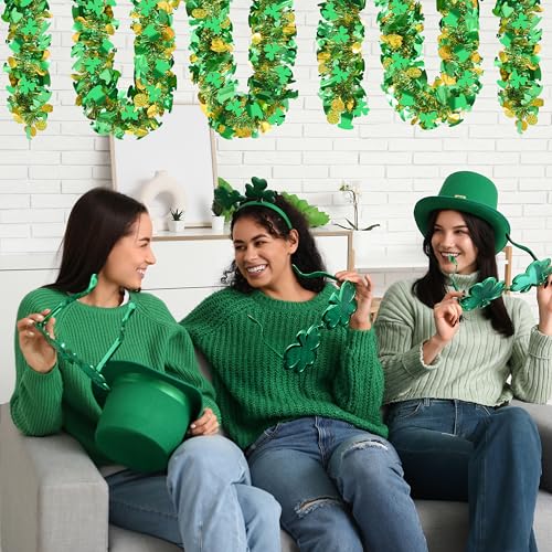 Image of Palonu 50FT St. Patrick's Day Tinsel Garland Green Shamrock Gold Coins Metallic Tinsel Twist Garland for Irish Saint Patricks Day Party Home Decor Indoor Outdoor Decoration
