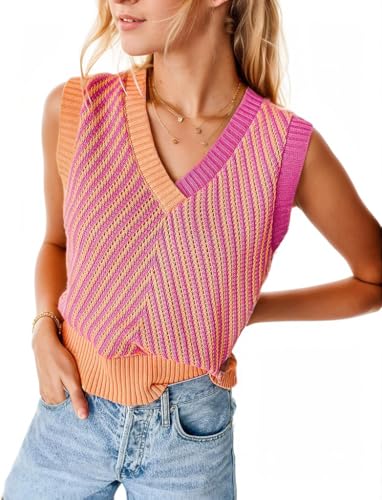 SELINK Girls Sleeveless Sweater V Neck Casual Contrast Chevron Knit Sweater Vest Color Block Pullover Sweater Top