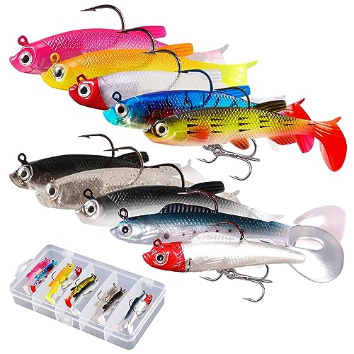 RYAN 10 Pièces Leurre Souple Carnassier Leurre Peche Mer Kit pour Carpe Brochet Truite Bar Leurres Souples avec T-Tail Articles de Pêche en Silicone pour Pêche en Eau Douce et en Mer