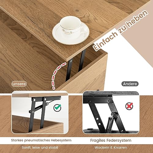 COSTWAY Couchtisch Höhenverstellbar, Beistelltisch mit anhebbarer Tischplatte & 3 offenen Fächern, Wohnzimmertisch aus Holz mit großem verstecktem Fach, Kaffeetisch für Wohnzimmer, Büro (Natur) – Bild 6