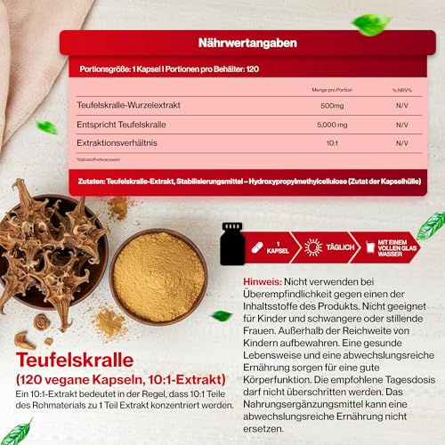 Teufelskralle (Devils Claw) 10:1 Extract 5000mg Äquivalent 120 Vegan Kapseln, Laborgeprüft, Hochdosiert, Nicht GVO, keine Füllstoffe oder Zusatzstoffe