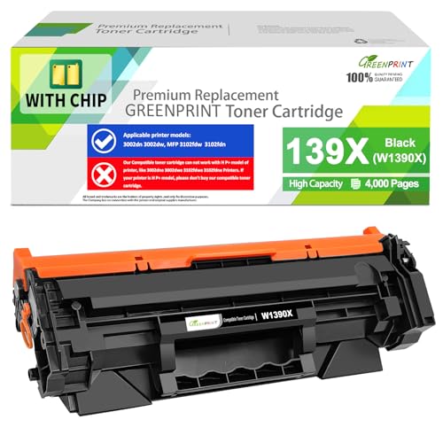 GREENPRINT 【con CHIP】 139X W1390X (139A W1390A) Cartuccia di Toner Compatibile Nera Alta Capacità per 3002dw 3002fdw 3102fdw 3102fdn Non funziona con stampanti H P + cui modello termina con e