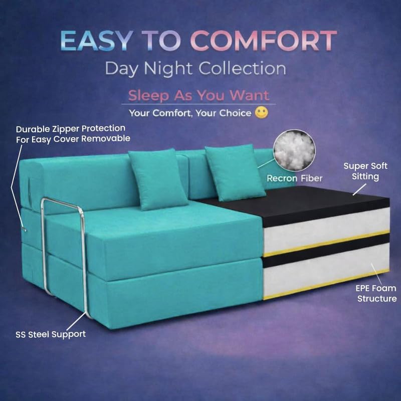 Image of Adorn India Easy Premium Modular 4 Seater Sofa Cum Bed | Velvet Suede Fabric | Colour Aqua Blue | Modern Design | Size 6x6 Fit | Comfortable for Seat & Sleep | Washable Cover | Perfect for Home