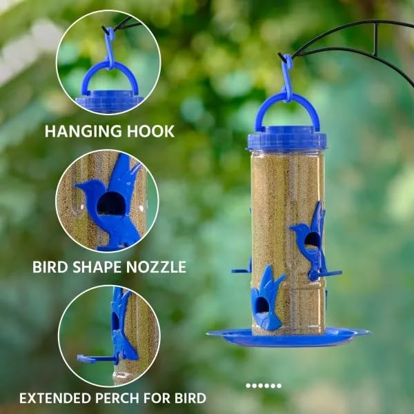 Image of Amijivdaya Medium Hanging Bird Feeder for Garden Balcony | 4 Feeding Ports | 700g Seed Capacity | Food-Grade Plastic | Easy Refill & Weatherproof (Blue, Pack of 1)