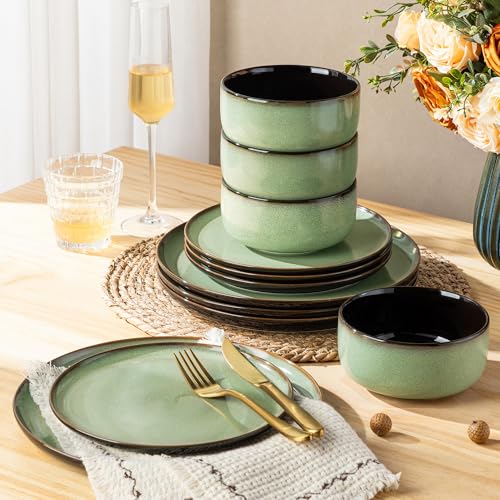 Image of LERATIO Ceramic Dinnerware Sets for 4,12 Pieces Poreclain Plates and Bowls Sets,Scratch Resistant Dishes,Dishwasher & Microwave Safe Dishes Set,Service for 4-Light Geen