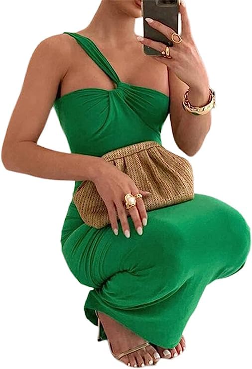 Image of Suillty Women's Sexy Oblique Shoulder Backless Maxi Dress Ruched Back Strap Sleeveless Party Club Long Dresses Bodycon