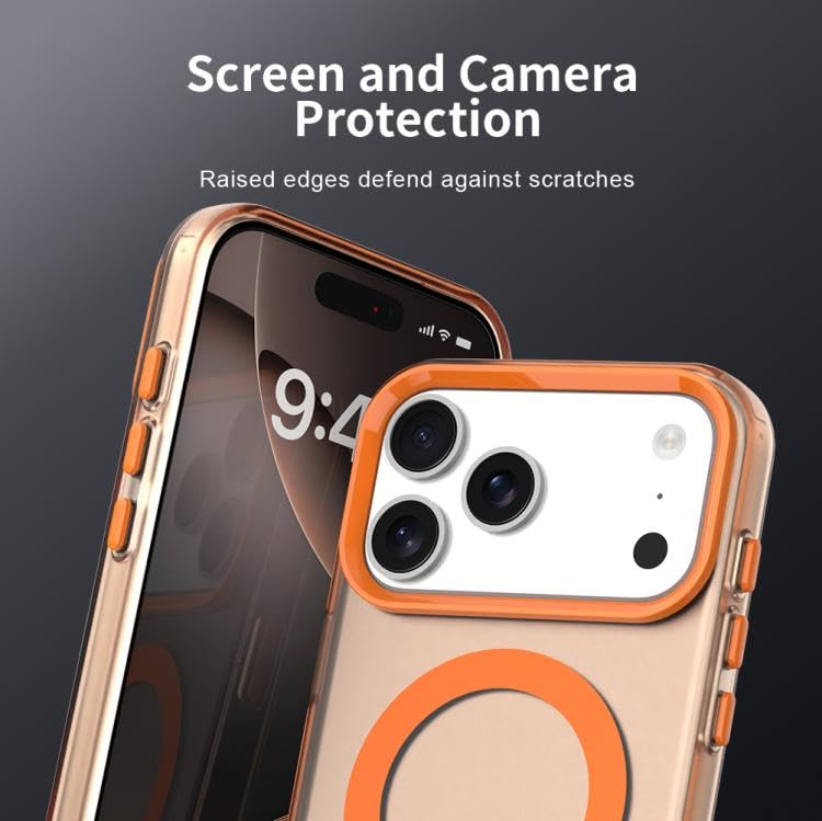 Image of VONZEE Translucent Matte Back Cover for iPhone 17 Pro Max Case, Shockproof Anti-Fingerprint Phone Cover with Magnetic Wireless Charging, MagSafe Compatible Case for Men & Women (Orange)