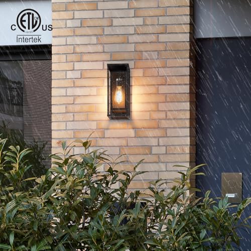 Image of mirrea 14 inch Modern Outdoor Porch Wall Light, Matte Black, 1 Pack | Waterproof rectangular wall sconce with clear glass & metal frame. Perfect outdoor light fixture for entryways, patios.