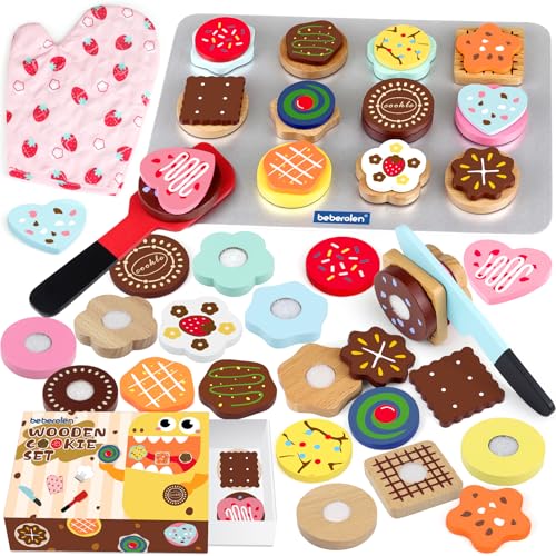 Beberolen Kinderküche Spielküche Zubehör aus Holz, Holzspielzeug Kuchen Spielzeug für Kinder, Küchenzubehör Plätzchen Cookie Set Lebensmittel mit Klett-Verbindung, Rollenspiel Lernspielzeug Geschenk