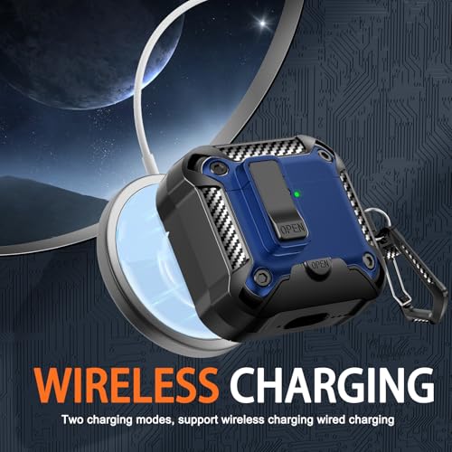 Image of for AirPods 4 Case with Lock & Phone Stand(Blue) | Automatic Snap Switch Lock,Carbon Fiber Texture Design Cover with Cleaner Kit