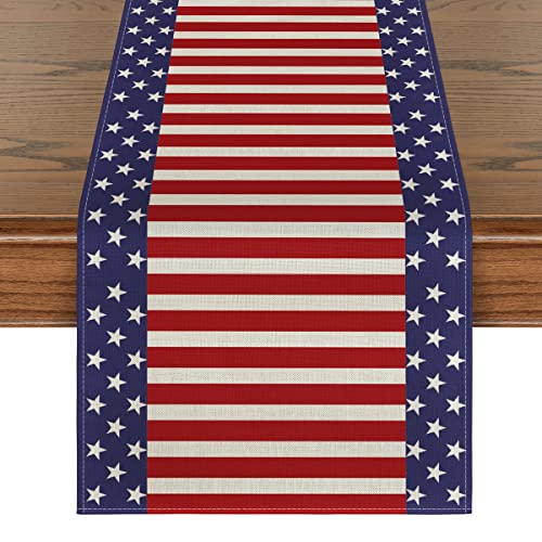 Artoid Mode Watercolor Strips and Stars Table Runner, 4th of July Patriotic Memorial Day Independence Day Holiday Kitchen Dining Table Runners for Home Party Decor 13 x 72 Inch