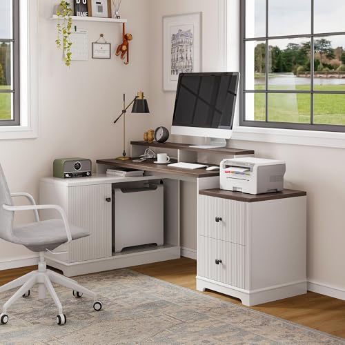 Image of 67 inch L Shaped Executive Desk with Drawers & Storage Shelf, Corner Computer Desk with Power Outlets, Home Office Desk with Monitor Stand, Printer Shelf, Computer Writing Desk for Work, Antique White