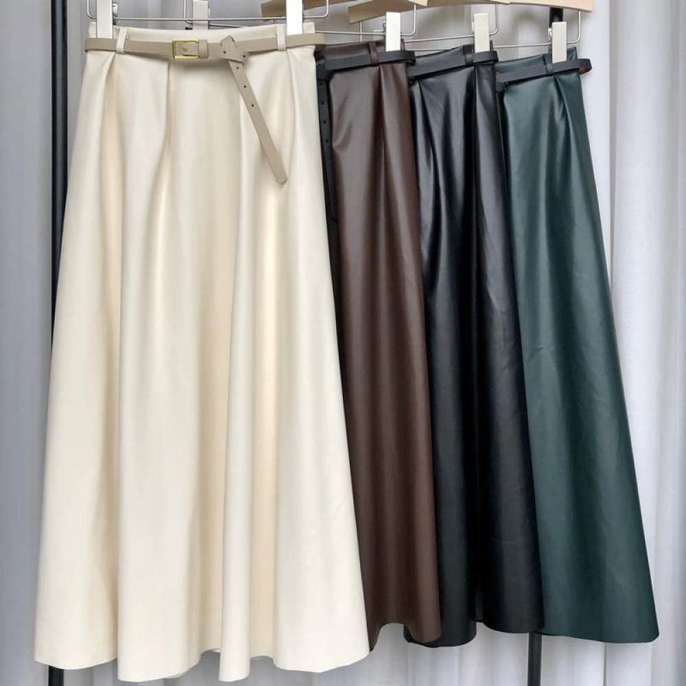 OZEO Röcke,Damen Midirock Beige Hohe Taille Plissee Pu-Leder Rock Taschen Gürtel A-Linie Schaukel Geraffte Mode Lange Röcke Für Mädchen Damen Herbst Winter,S