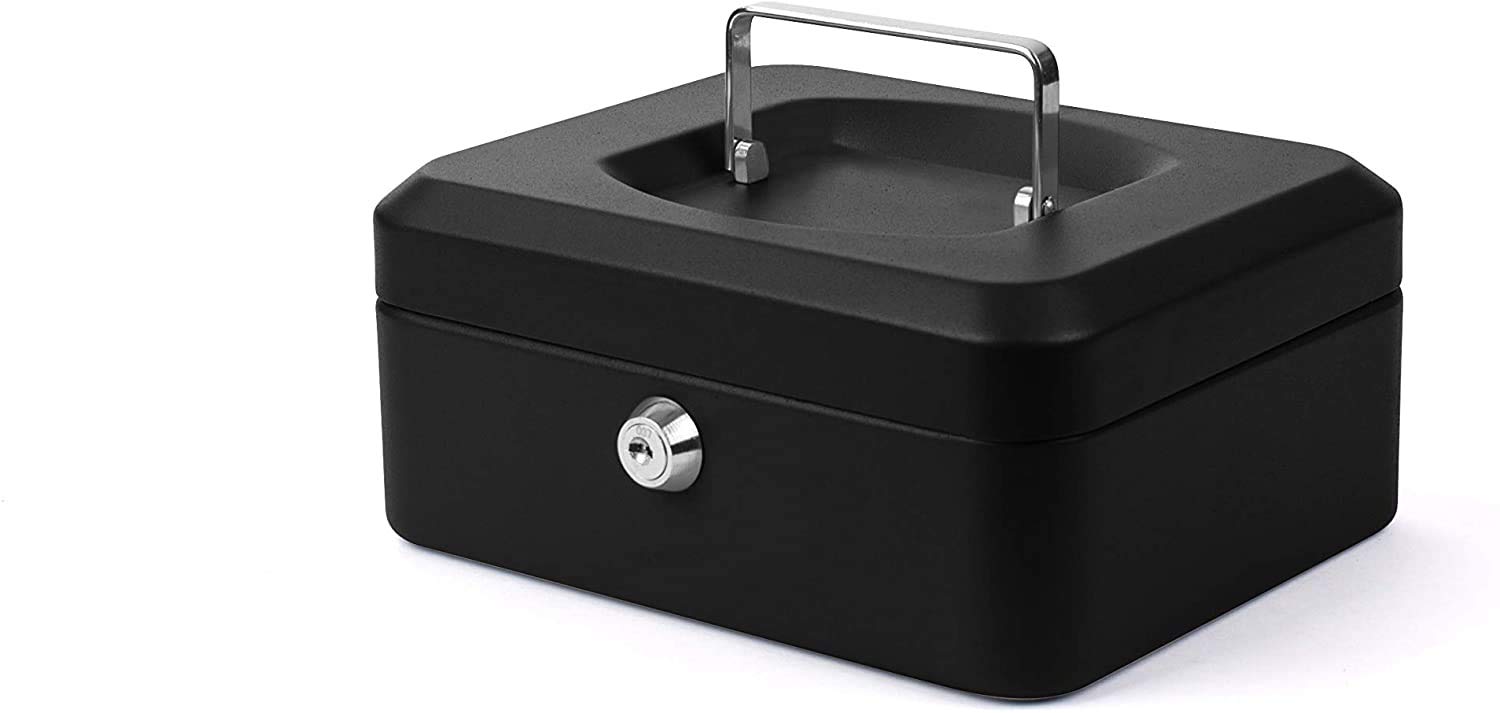 Crevizon 8 Inch Cash Box with Keys Lock and Removable 5 Section Cash Tray for Petty Cash,Loose Change (Colour- Black)